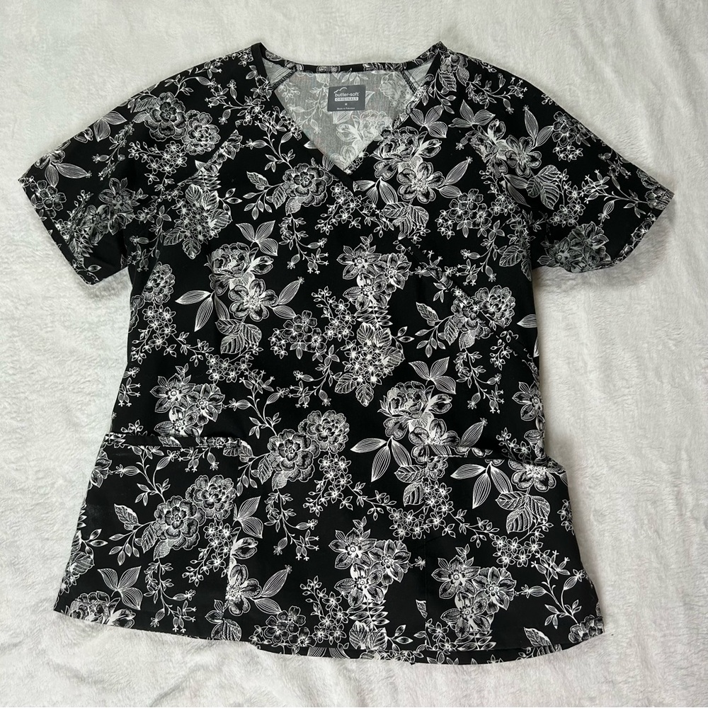 Butter-Soft Originals Etched Roses Women's Mock Wrap Scrub Top